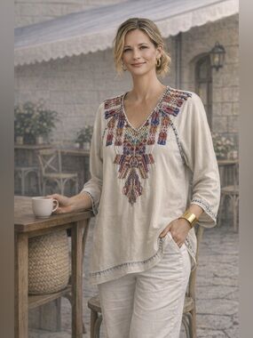 Soft Surroundings Tunic Top Shirt Embroidered Aztec Coastal Cowgirl Tribal Sz XL